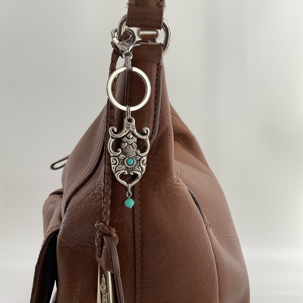 BoHo Western Keychain, Faux Turquoise & Antique Silver, Purse Charm, Key Ring - Picture 1 of 8
